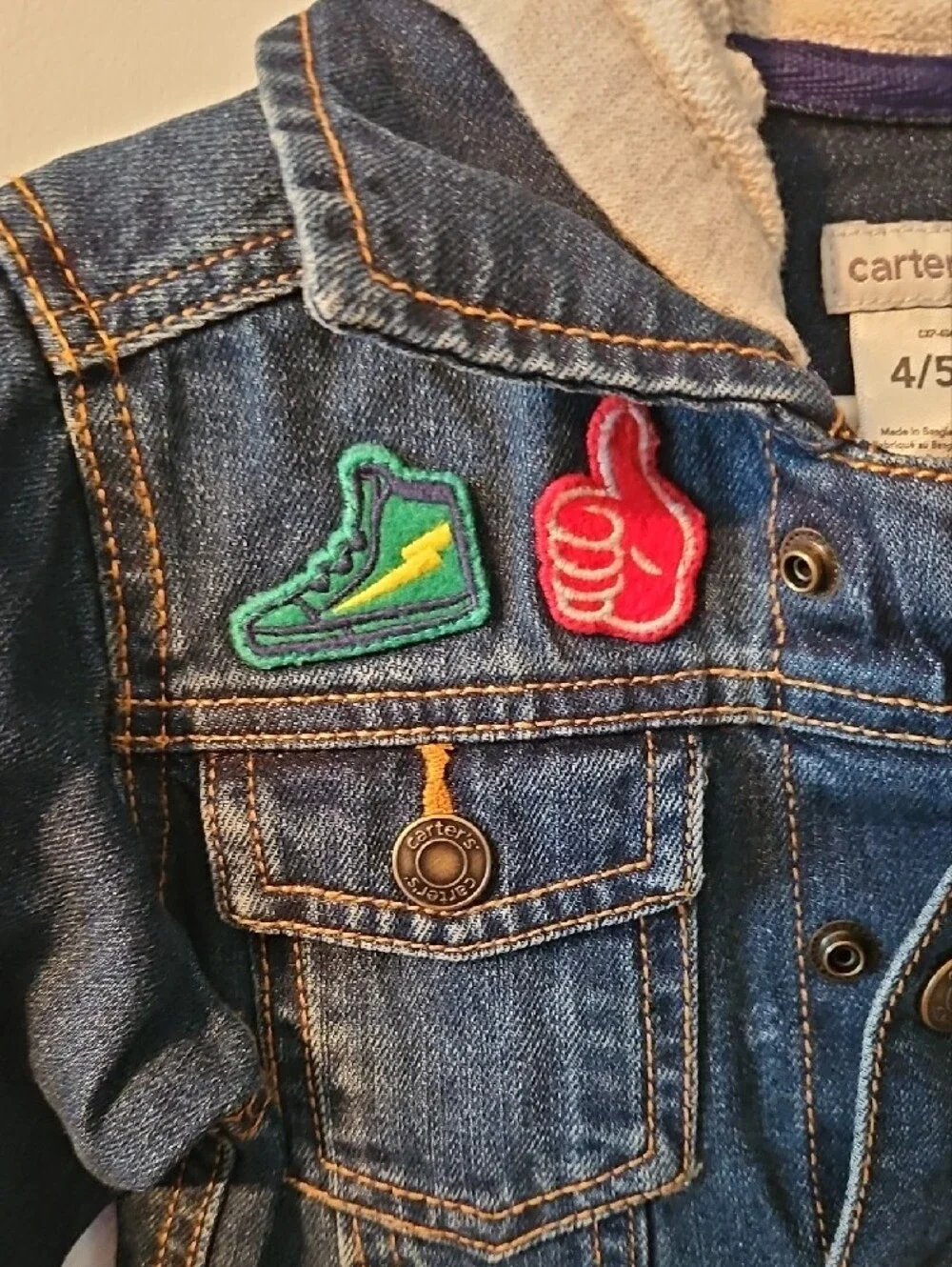 Carter's Dark Blue Denim Jacket with Cream Hood and Colorful Patches